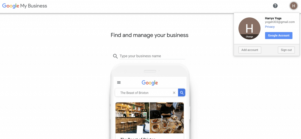 Google my business first screen to search for local business