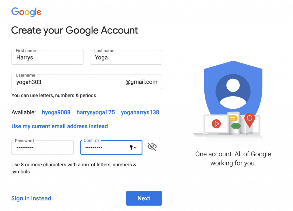 Creating Google account for Yoga studio - step 1