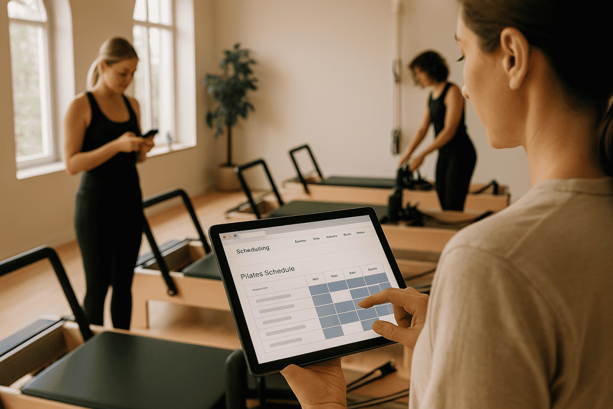 A pilates studio owner holding a tablet with Pilates scheduling software on it and in the background are 2 students in a Pilates studio.